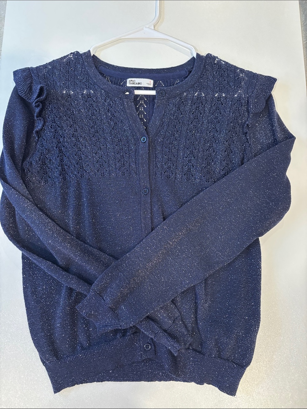 Navy Sparkle Knit Cardigan with Lace Yoke